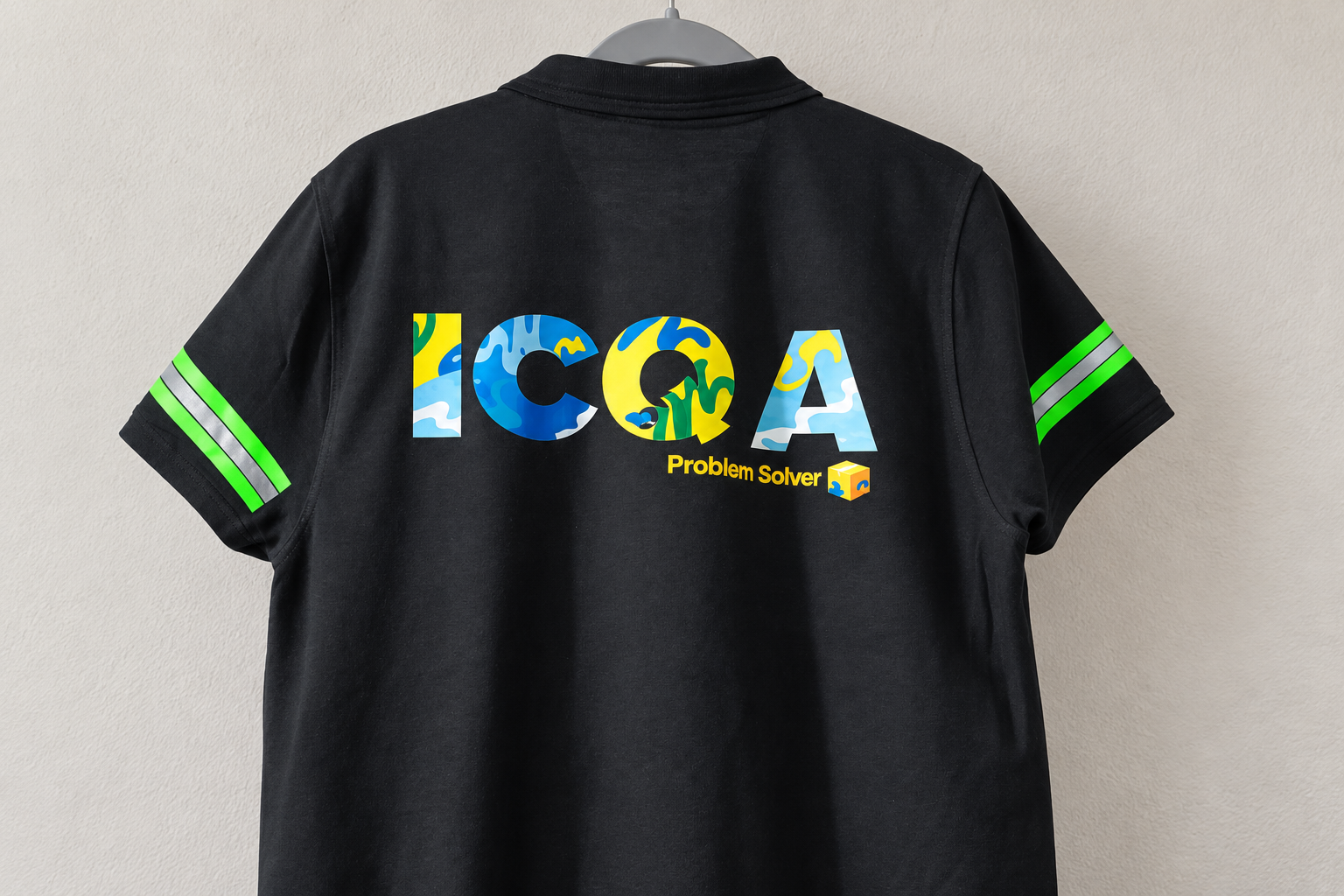 Identidad para el equipo ICQA · Diseño ICQA · Problem Solver en espalda