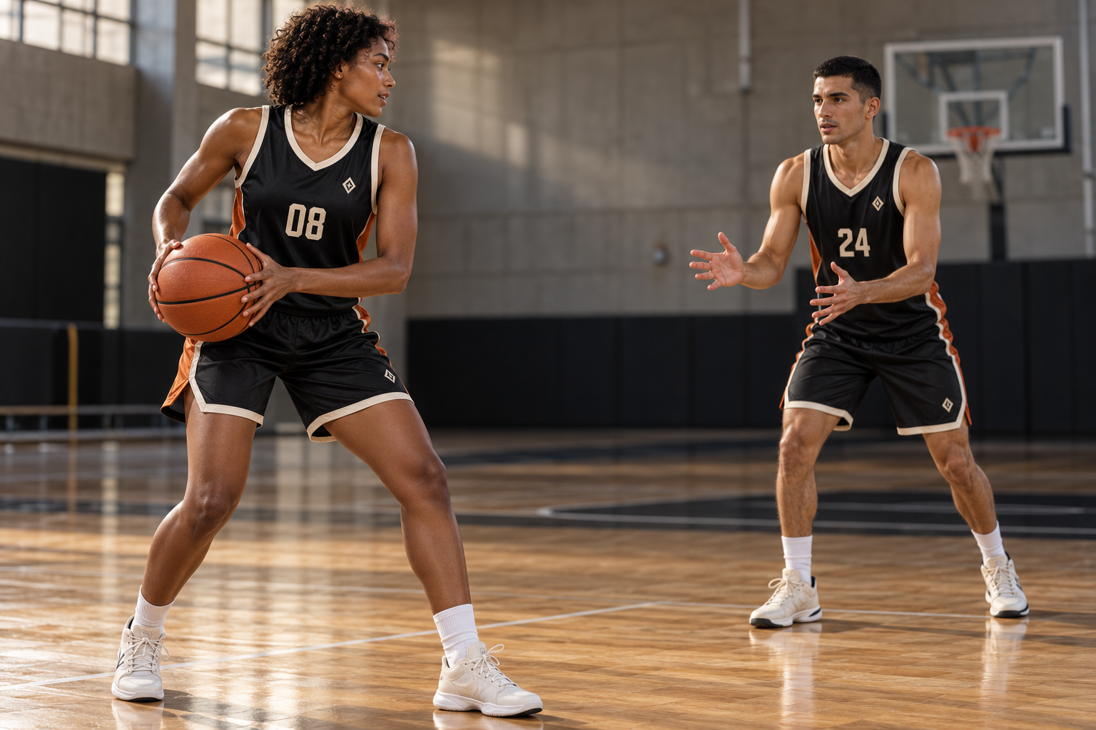 Jugadora y jugador de básquetbol con jerseys negros y shorts coordinados.