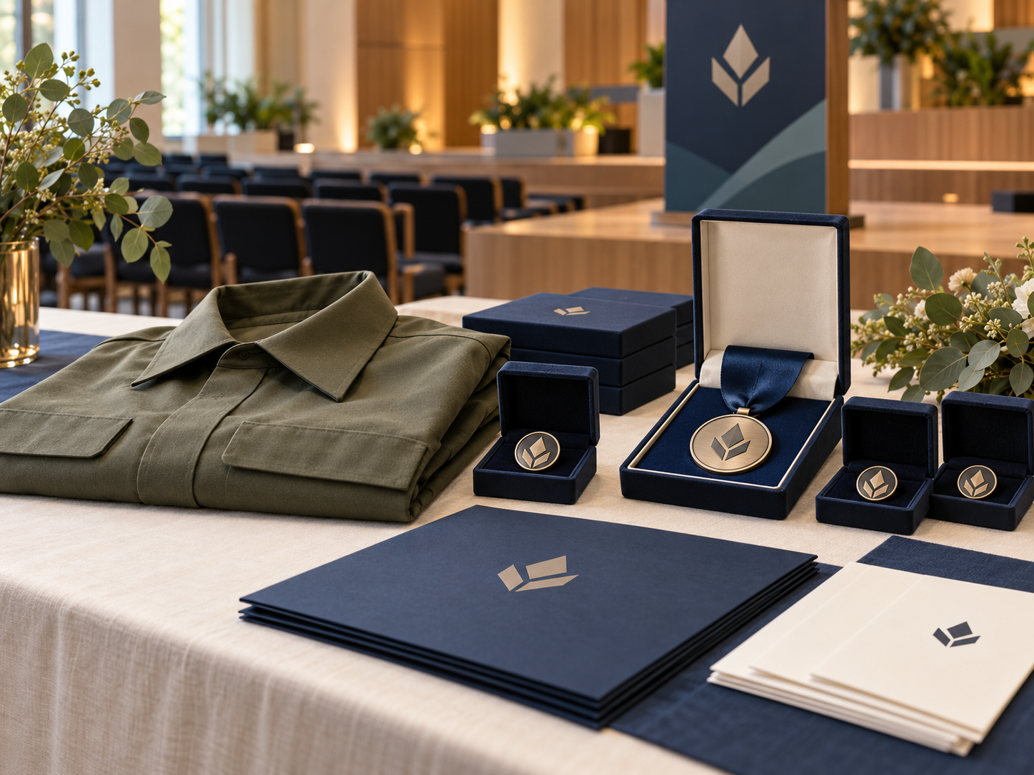 Escena institucional ilustrativa con prendas, medallas, pines y material de presentación