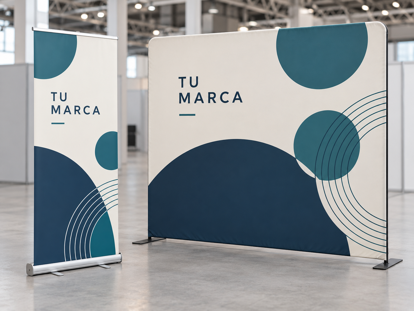 Roll-up y fondo publicitario coordinados en un espacio de exhibición