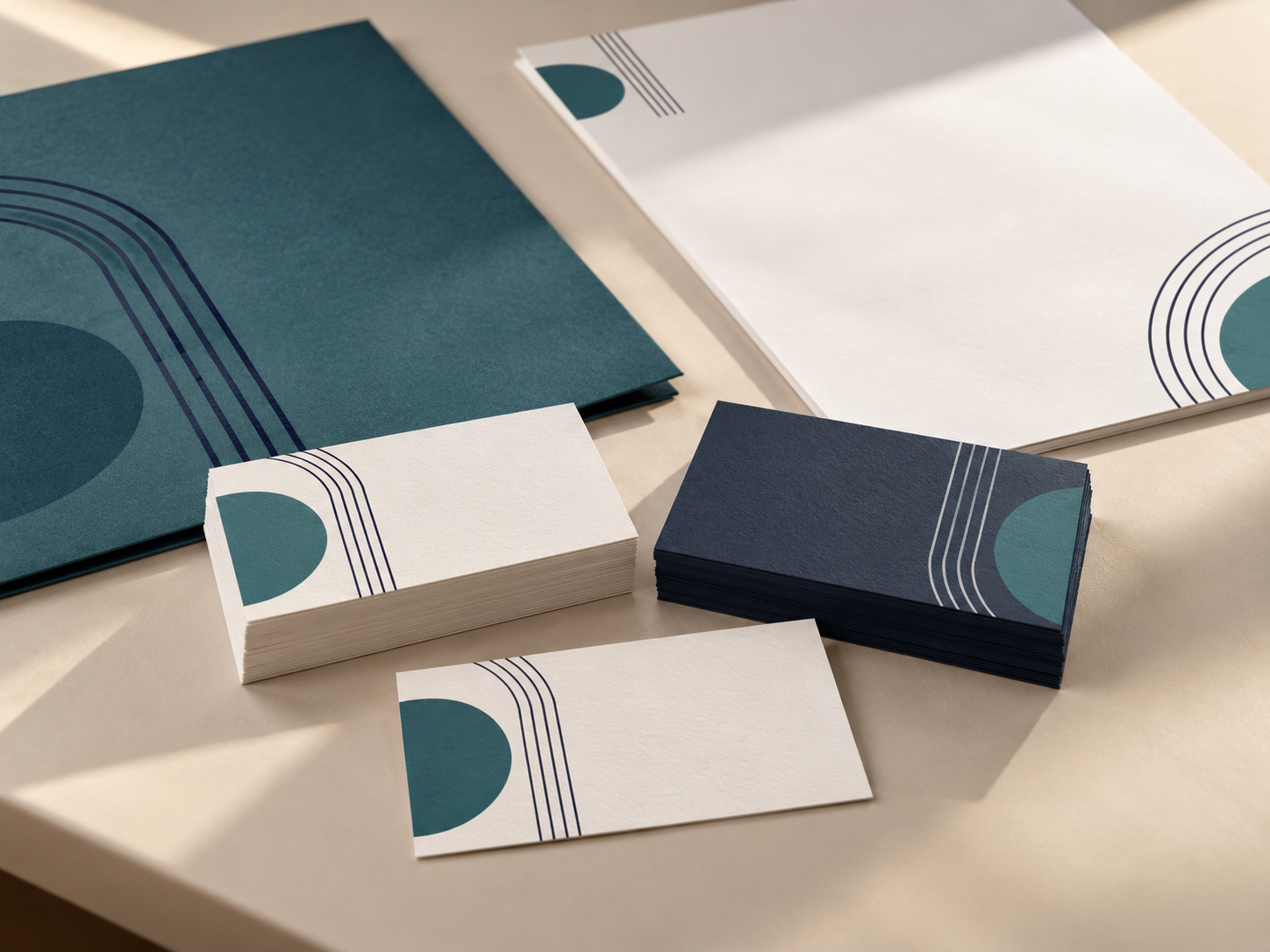 Tarjetas, carpeta y papelería coordinadas en azul marino y petróleo