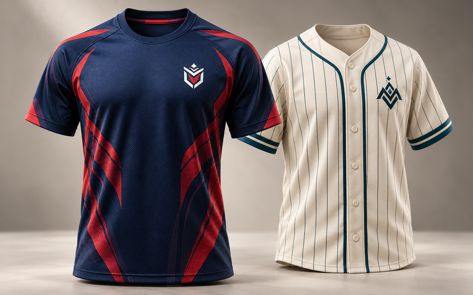 Jersey de fútbol azul marino con detalles rojos y jersey de béisbol claro con botones
