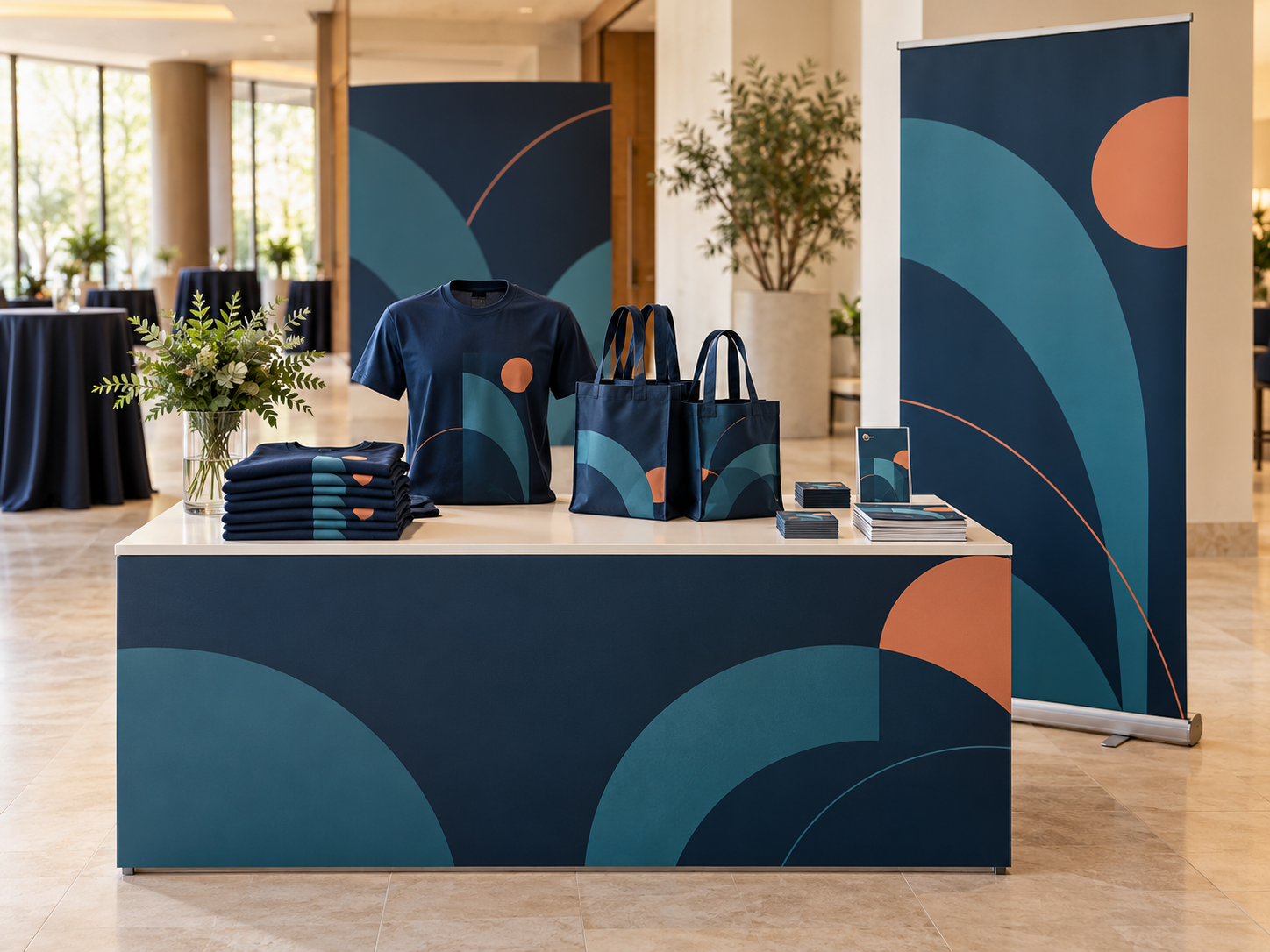Recepción ilustrativa de un evento con prendas, promocionales y exhibidores coordinados