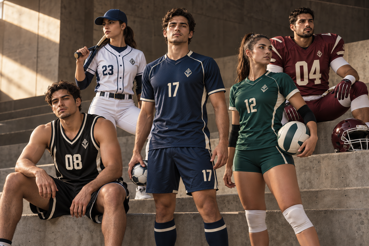 Cinco atletas con uniformes personalizados de fútbol soccer, béisbol, americano, voleibol y básquetbol