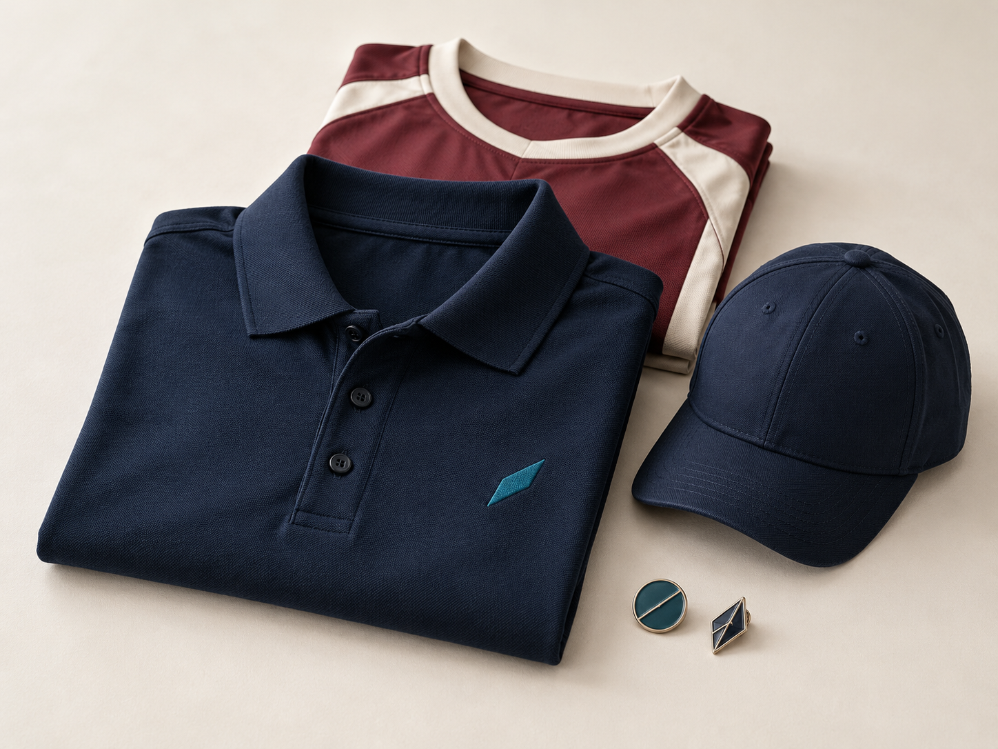 Prendas, gorra y pines ilustrando una identidad coordinada.