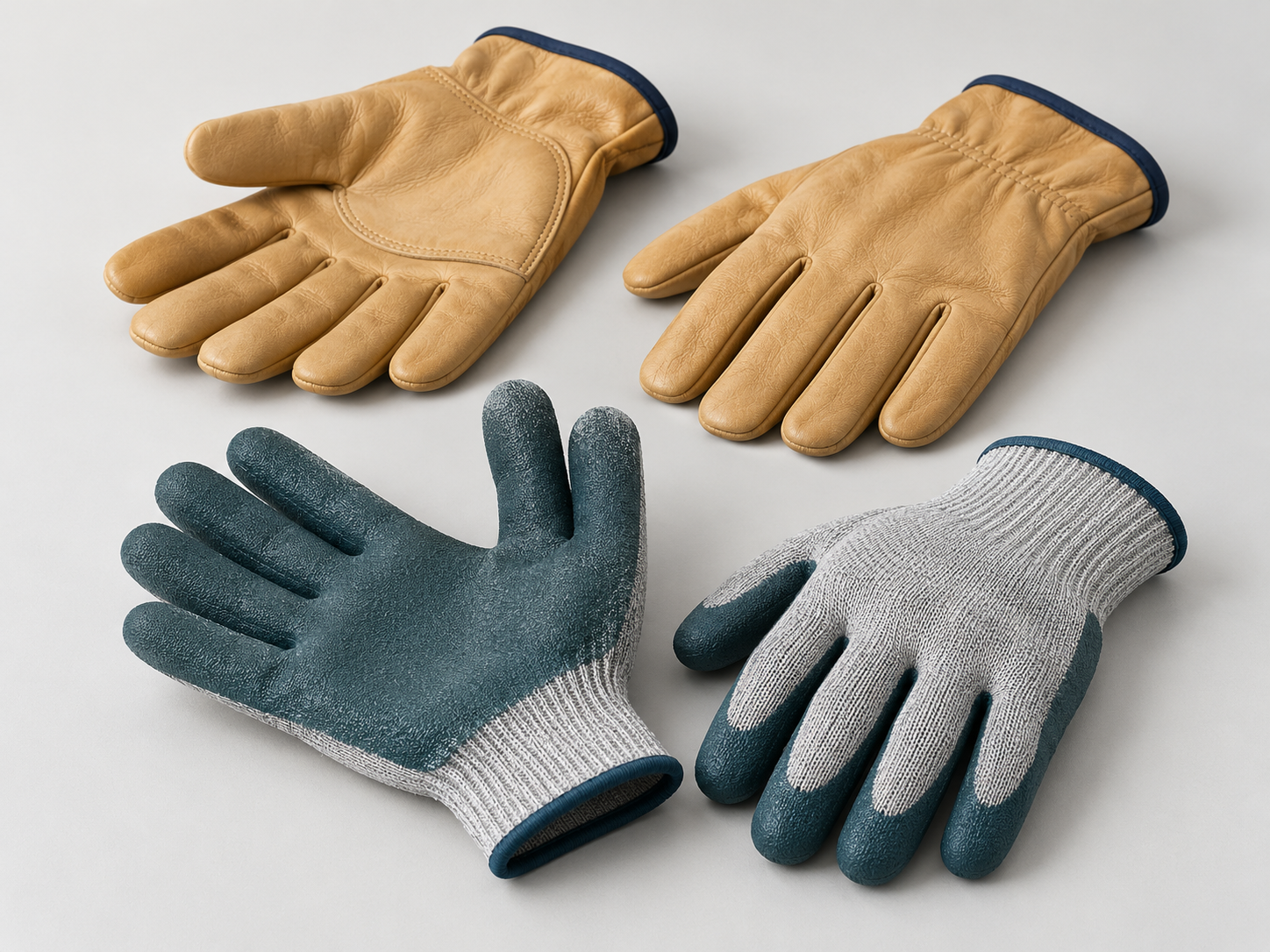 Guantes genéricos de tejido recubierto y de cuero sobre fondo gris