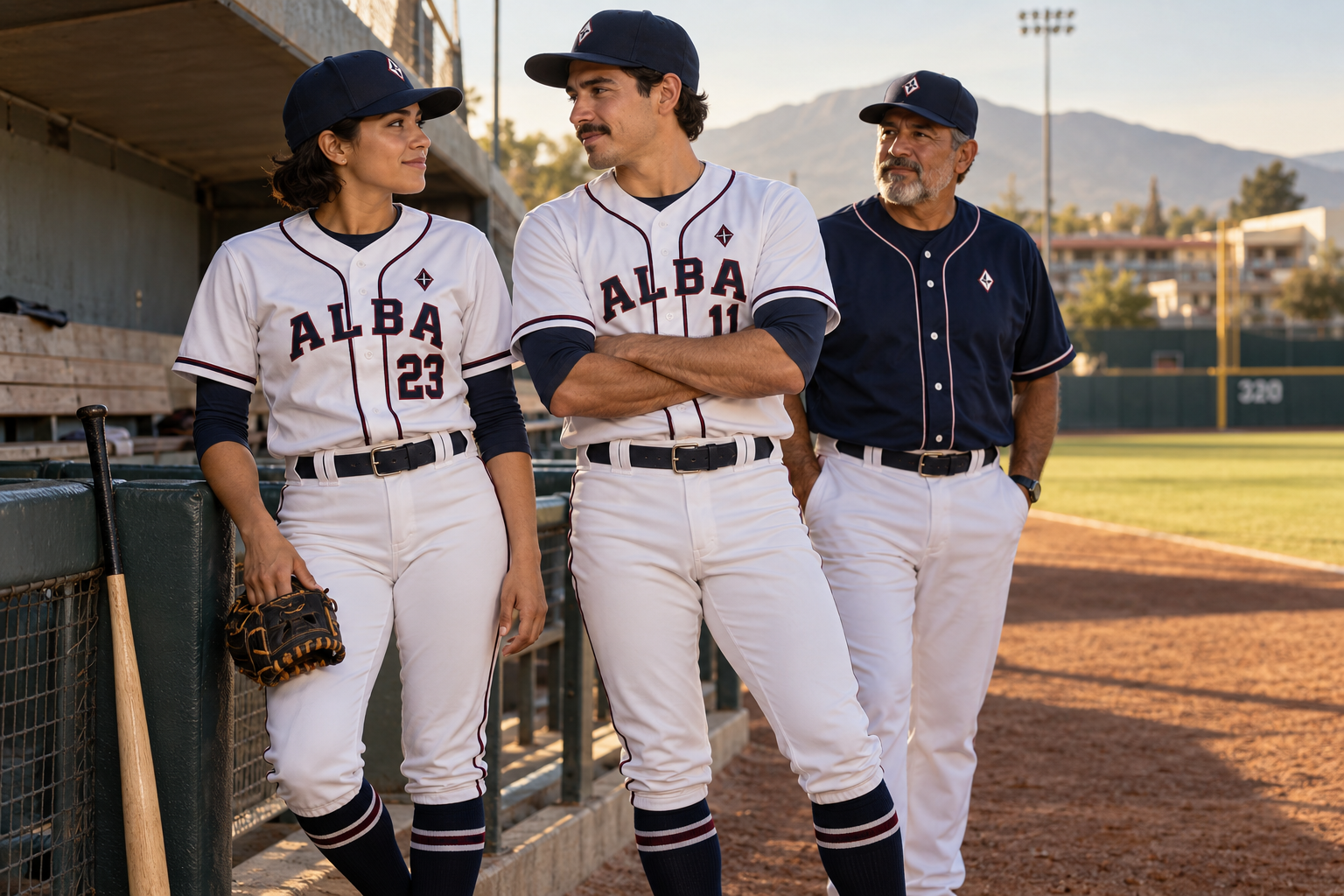 Jugadora, jugador y manager con uniformes de béisbol junto al dugout.
