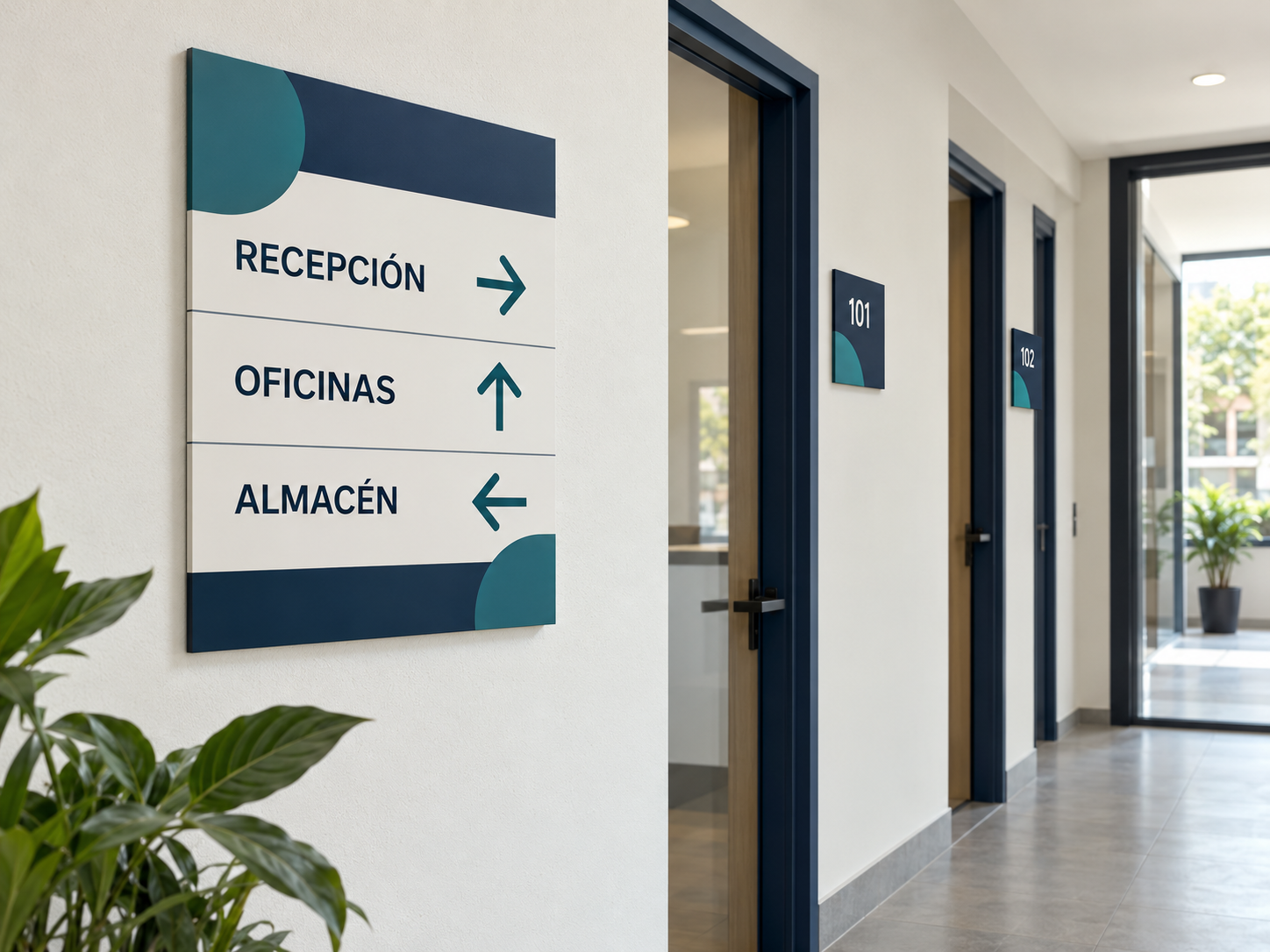 Directorio y placas de identificación en un pasillo de oficinas