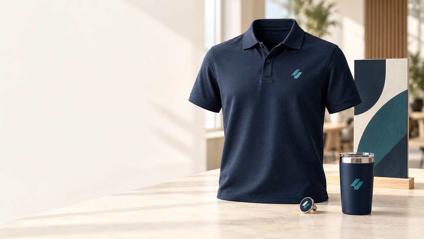 Composición ilustrativa de uniforme, gráfico y artículos promocionales coordinados.