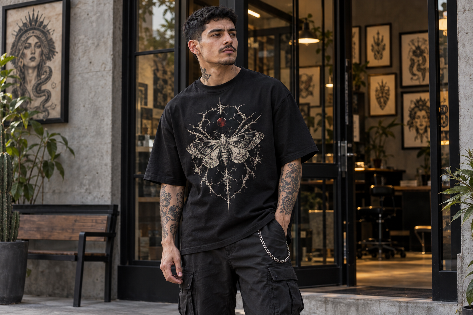 Modelo tatuado con playera oversize negra e ilustración de polilla al frente, en la entrada de un estudio de tatuaje.
