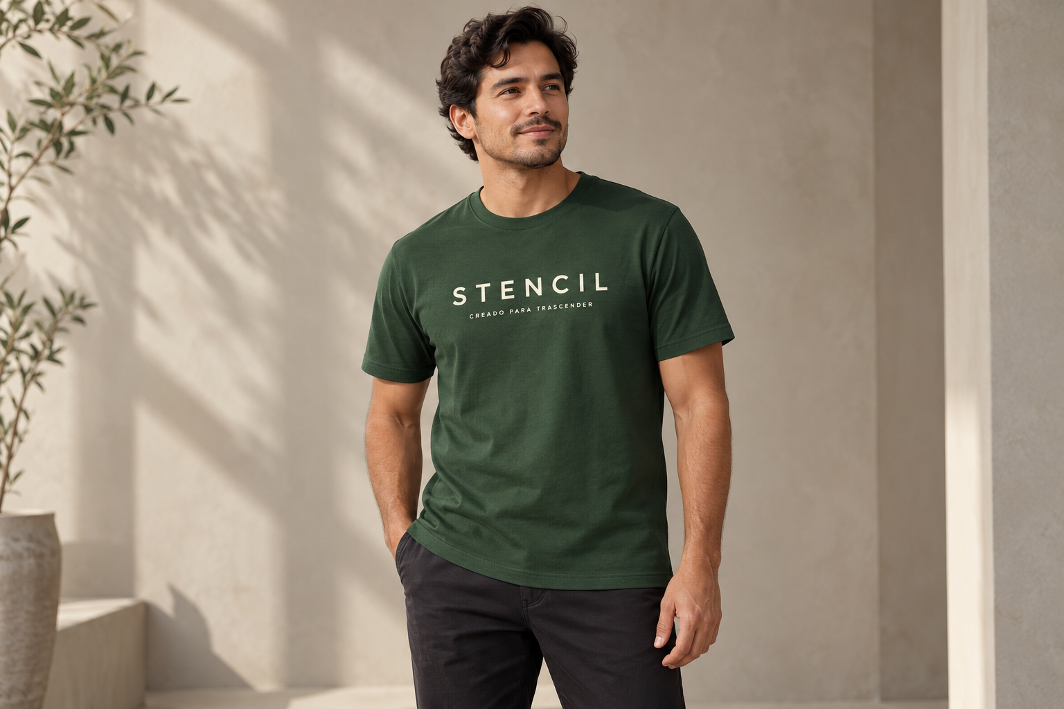 Modelo con playera verde de cuello redondo personalizada.