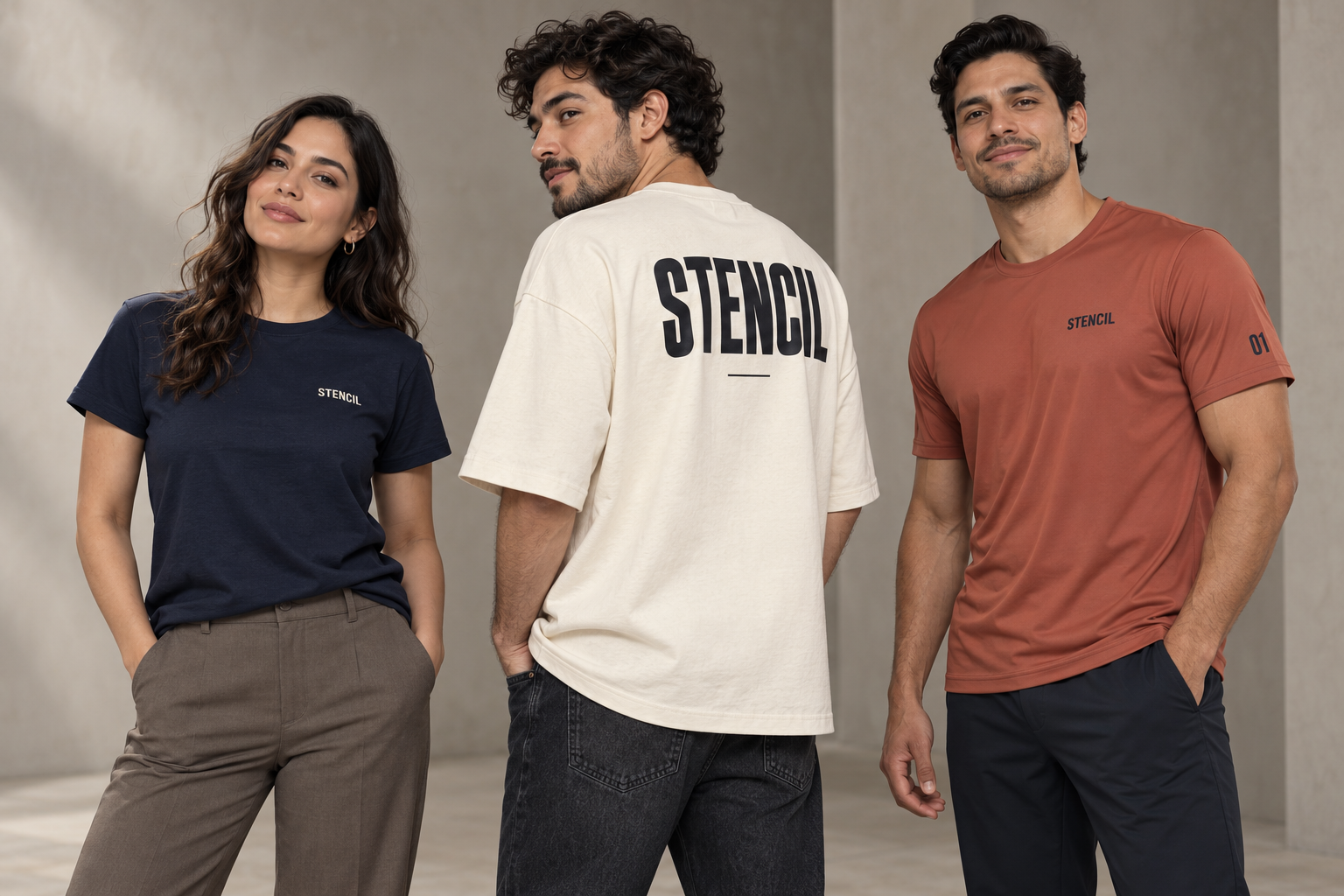 Tres personas muestran distintas playeras personalizadas con diseños al frente y en la espalda.
