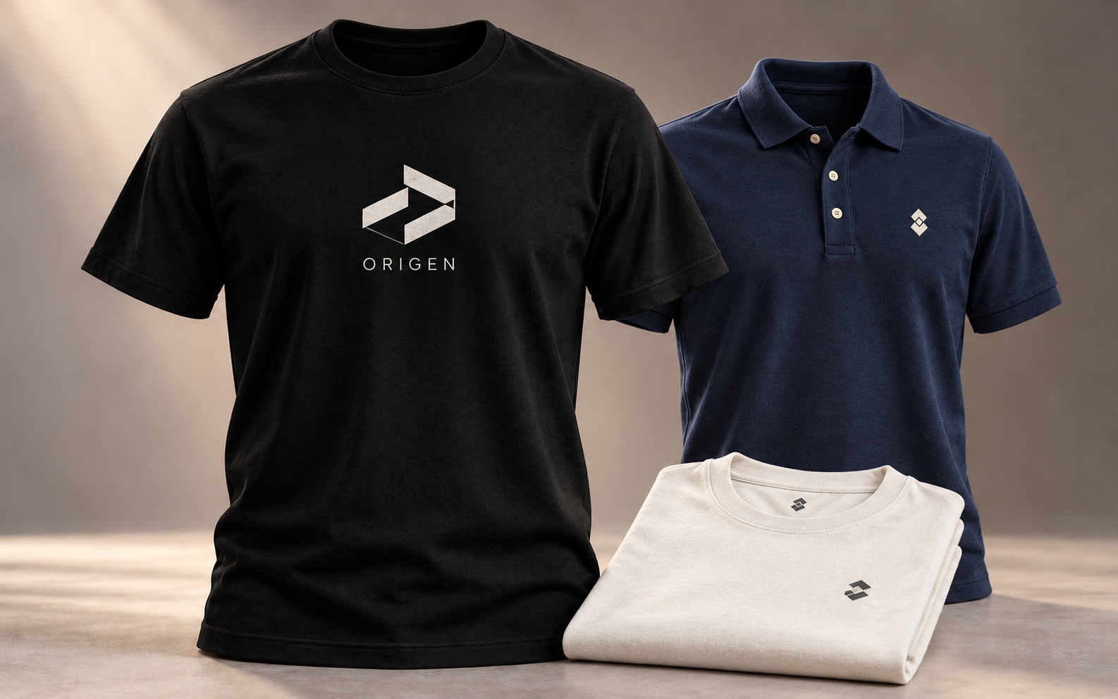 Playera negra con diseño gráfico, polo azul marino y playera clara doblada con personalización discreta