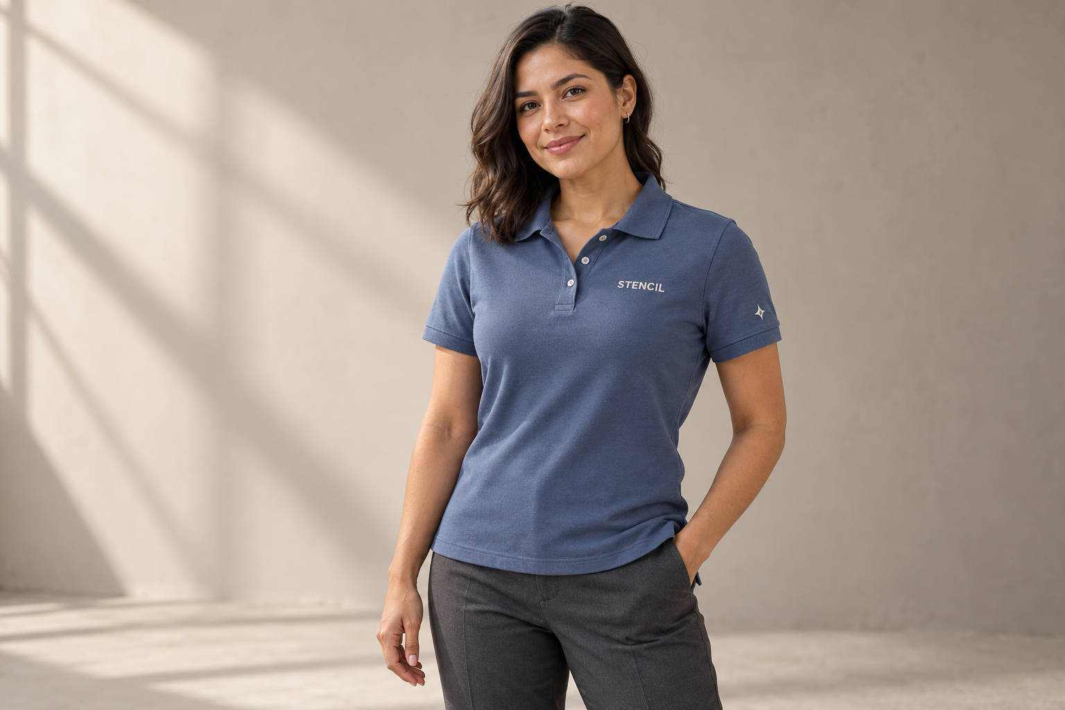 Modelo con polo azul personalizado en el pecho.