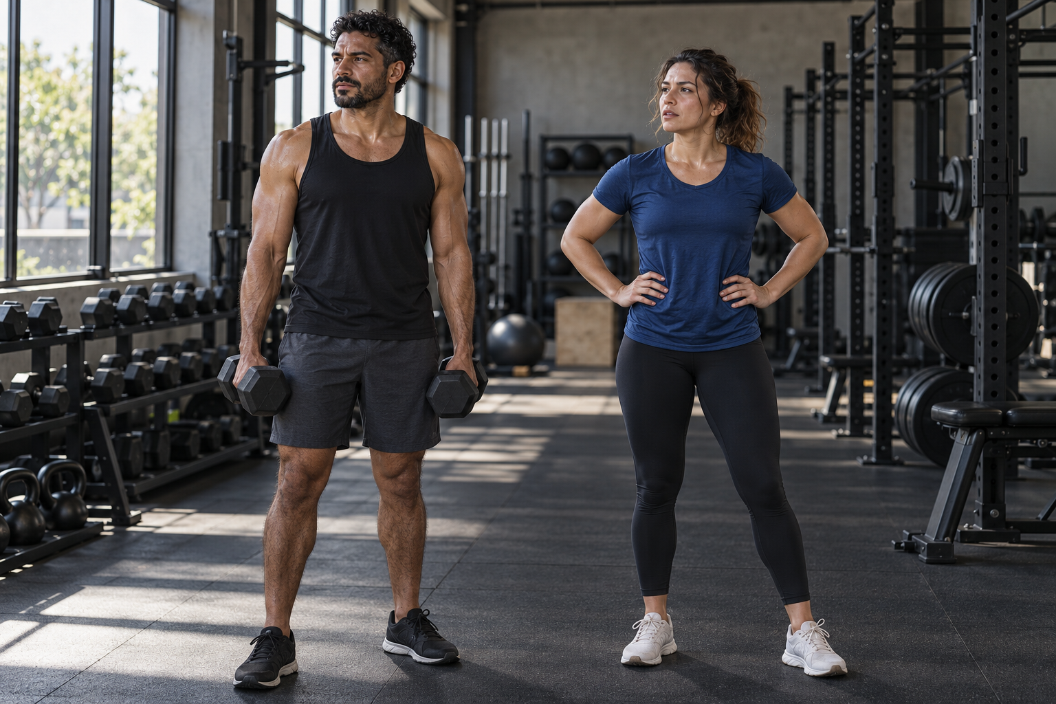 Hombre con playera de tirantes y mujer con playera azul durante entrenamiento de fuerza.