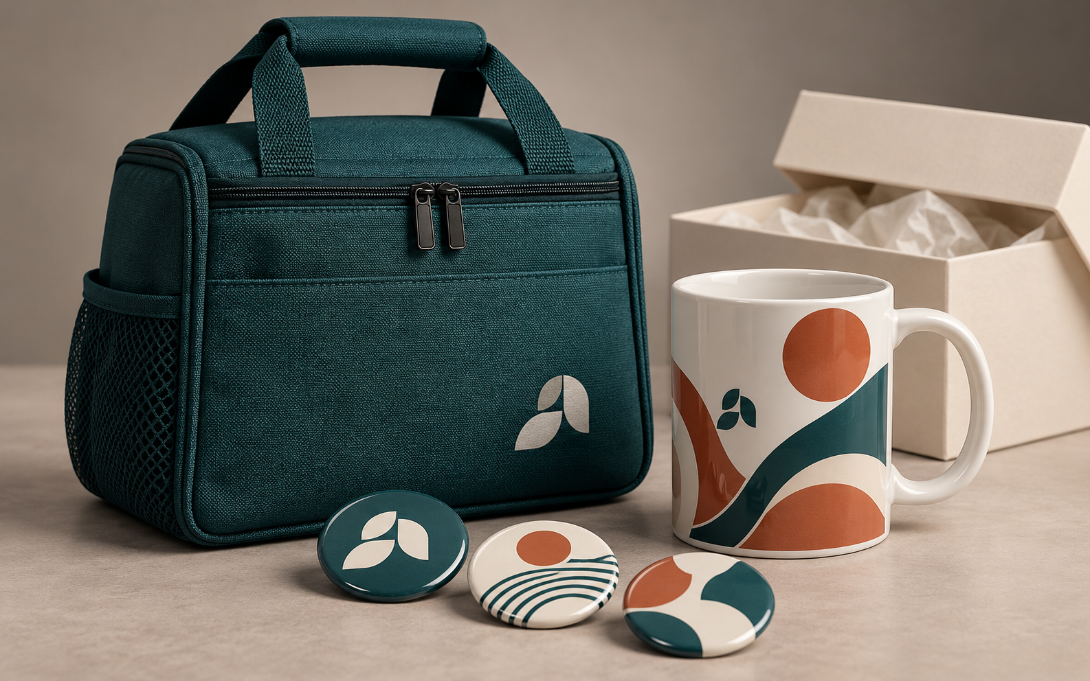 Lonchera verde azulado, taza blanca estampada y pines con diseños personalizados