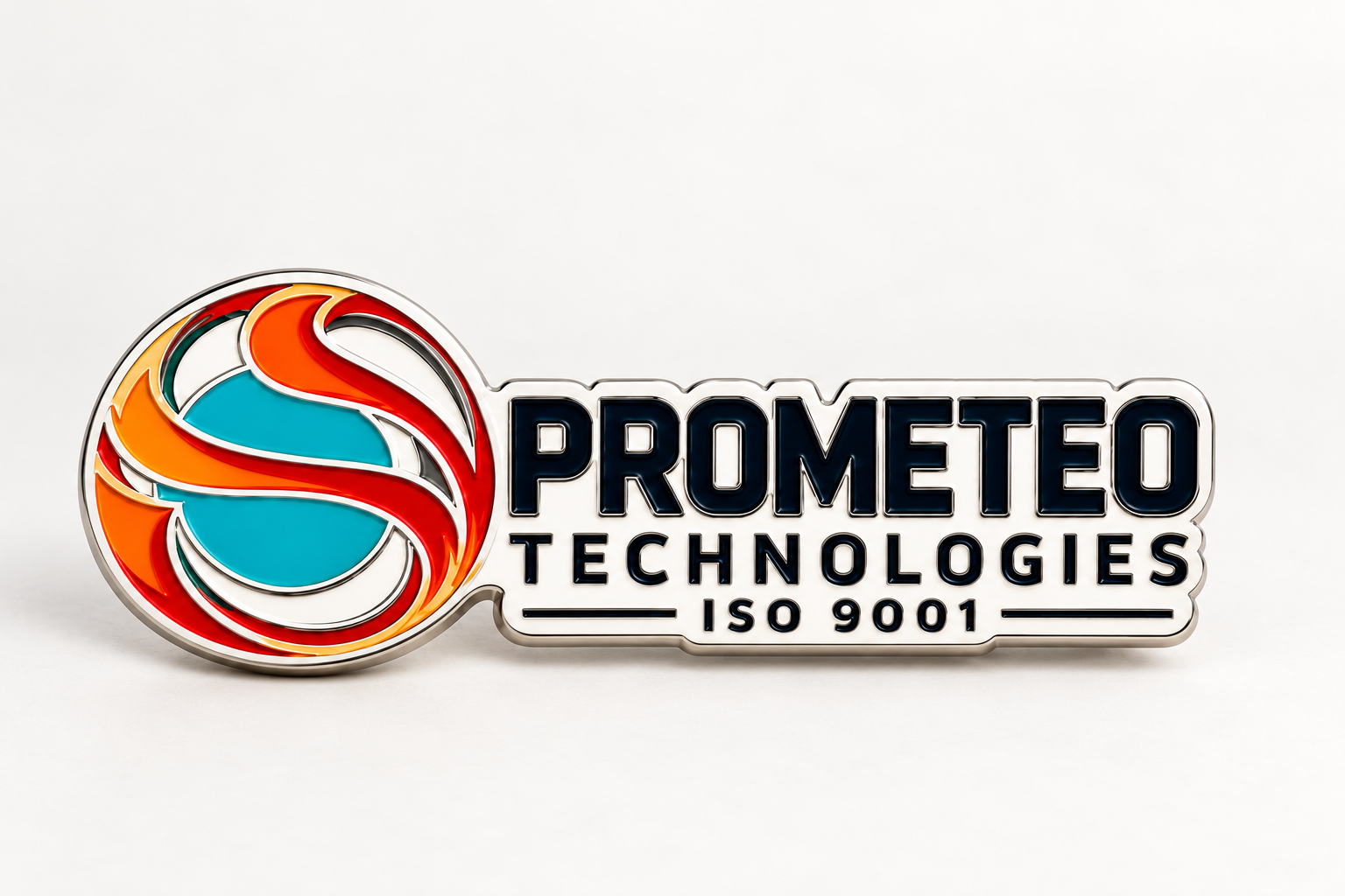 Visualización digital del pin metálico de Prometeo Technologies con su logo y la inscripción ISO 9001