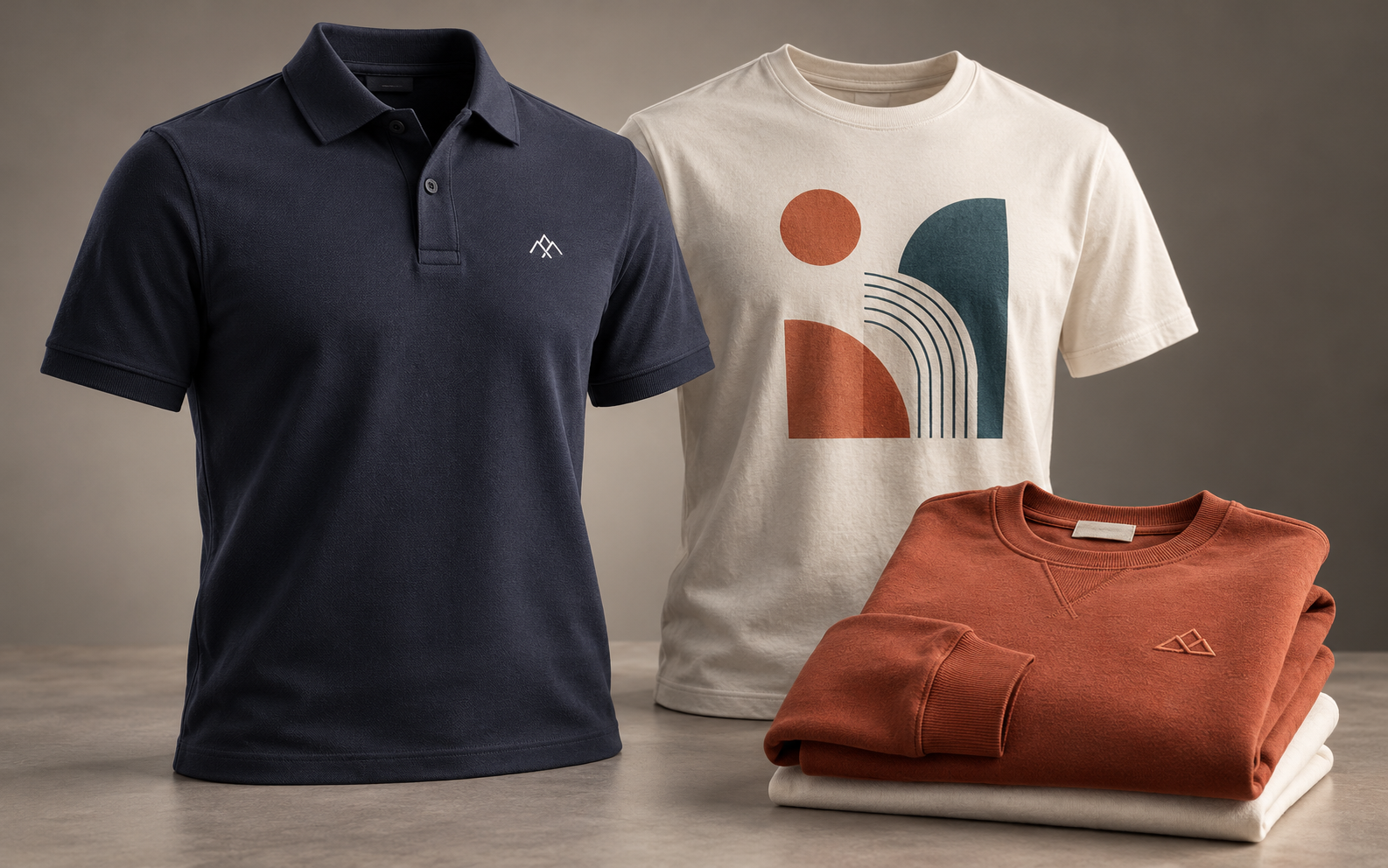Polo azul oscuro con logotipo, playera clara estampada y sudadera terracota doblada