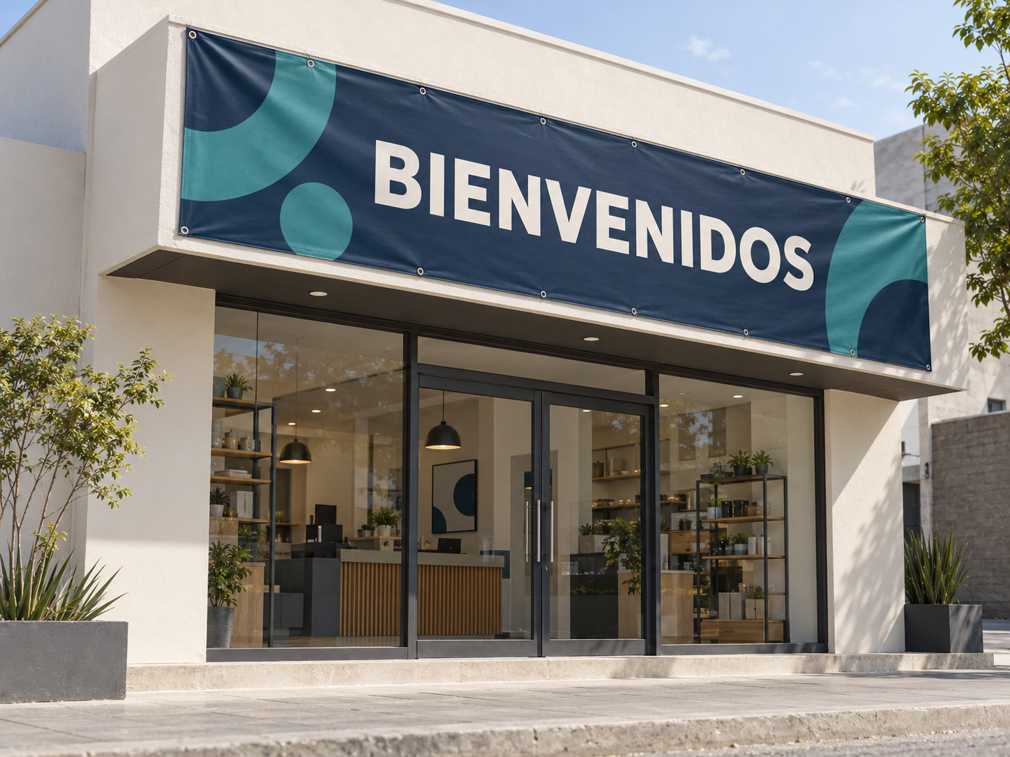 Fachada comercial con una lona publicitaria proporcionada al acceso