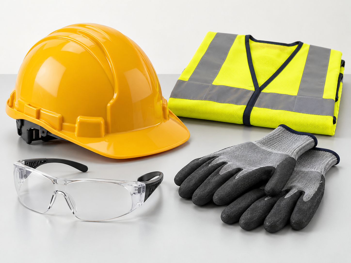 Imagen ilustrativa de casco, lentes, guantes y chaleco de seguridad.