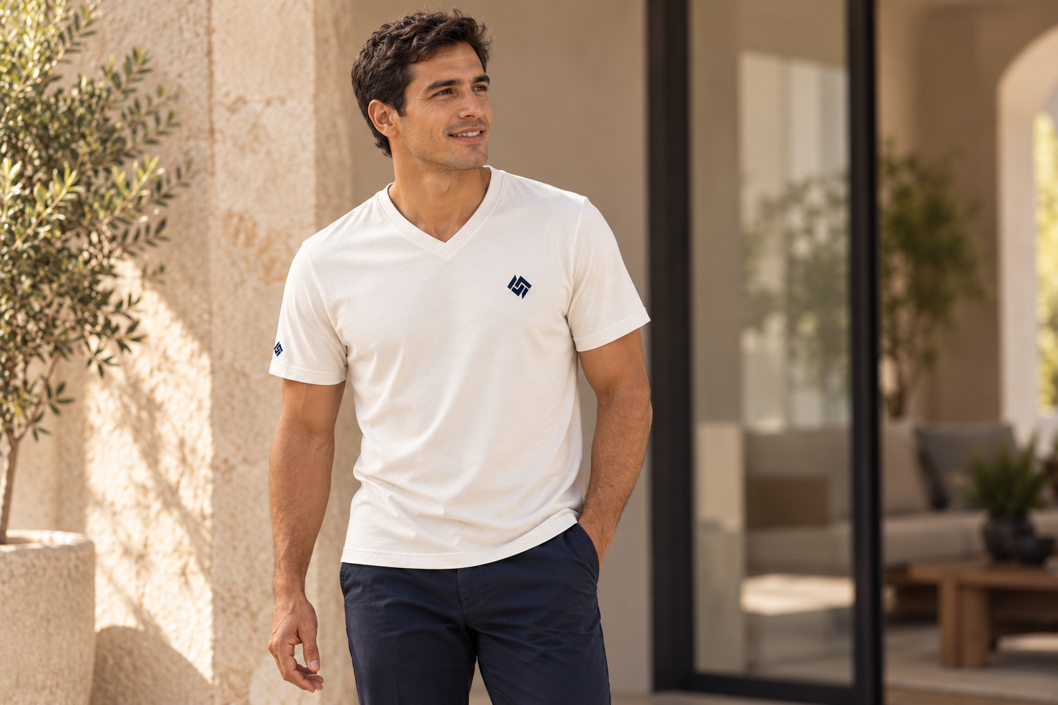 Modelo con playera marfil de cuello V personalizada.